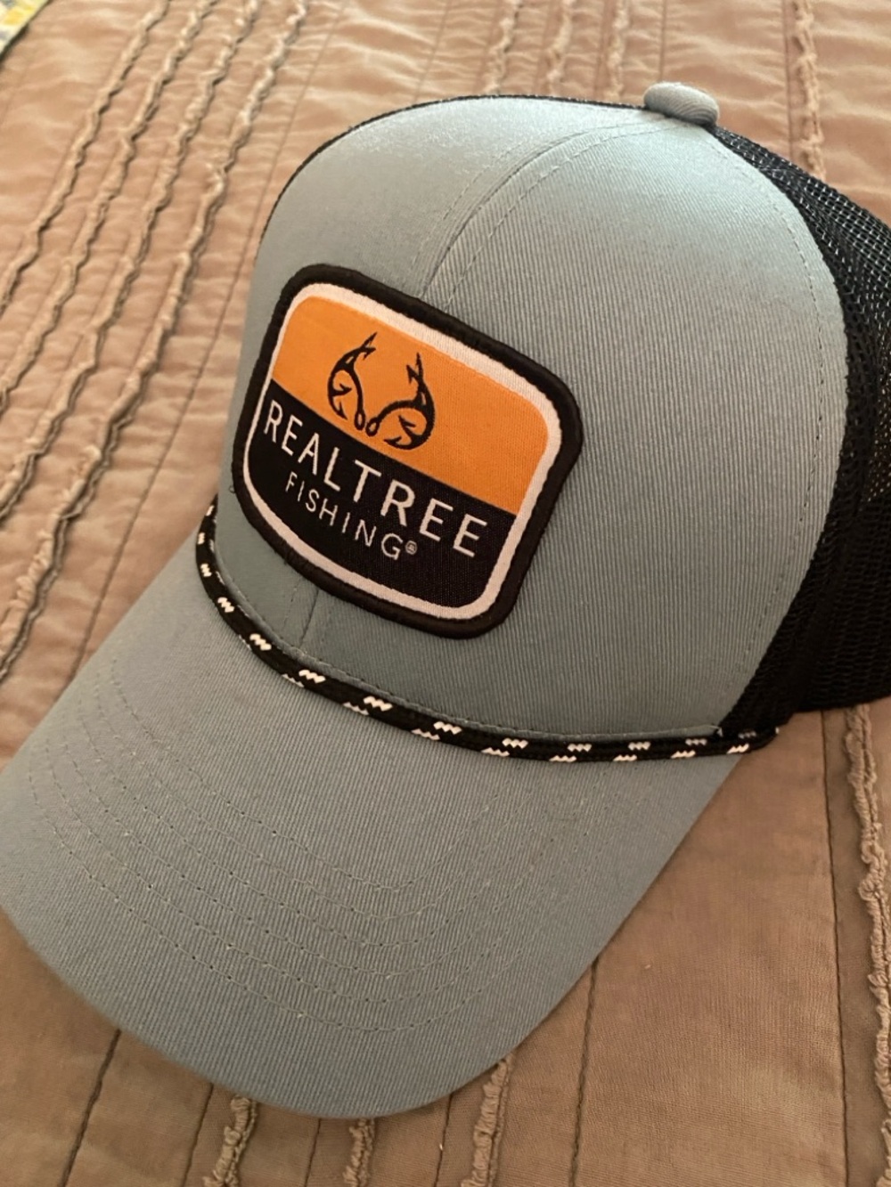 REALTREE Trucker Hat - Fishing Cap in Light Blue and Black with Orange Patch